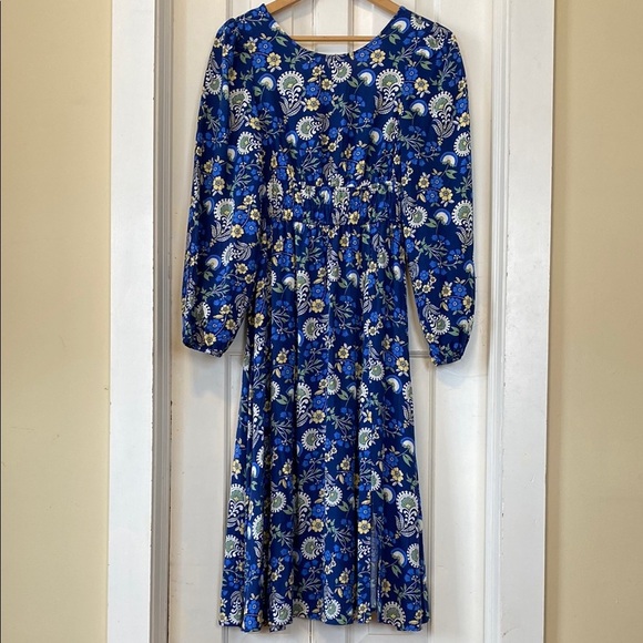 Springfield Floral Blue Midi Dress Long Balloon Sleeve Empire Boho Feminine - Picture 2 of 15